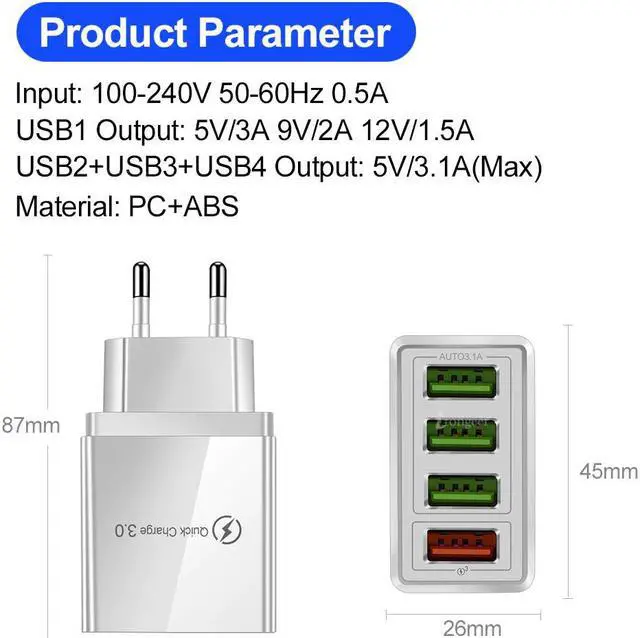 Alt view image 2 of 5 - 60W Quick Charge 3.0 4.0 USB Phone Charger Wall 4 Port 5V 3.1A Fast Charging Adapter For iPhone X 7  A50  Charger