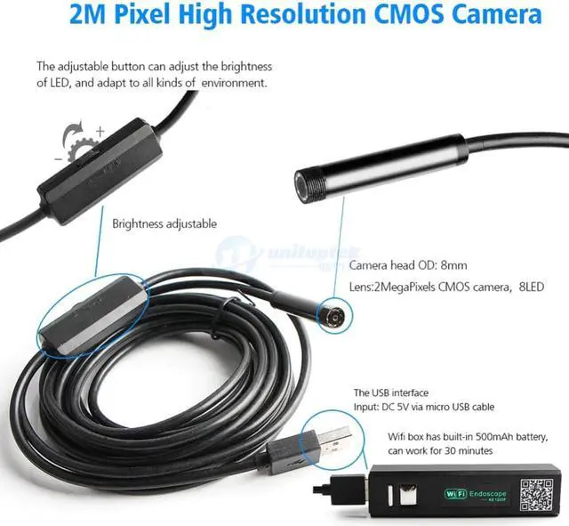 Alt view image 3 of 5 - 1M 2M 5M Wireless WiFi Endoscope Mini Waterproof Soft Cable HD 1200P Inspection Camera 8mm Lens 8 LED Borescope For Android IOS