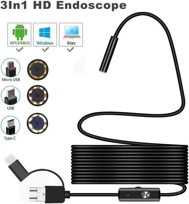Alt view image 2 of 5 - 3In1 USB Endoscope Hard Cable 2M 1200P Borescope Inspection Camera for Android Type-c PC Waterproof Snake Camera 2/3.5/5M