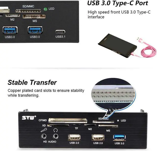 Alt view image 4 of 5 - Sunshine-tipway 5.25" Internal Card Reader Media Multi-Function Dashboard PC Front Panel Type-C USB 3.1 USB 3.0 Support CF