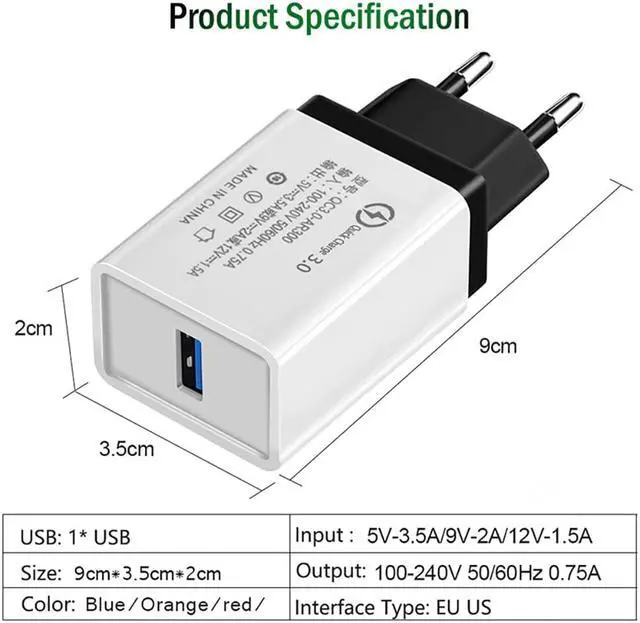 Alt view image 5 of 5 - 3.0 Wall Charger US EU 18W USB Fast Charger Plug adapte For iphone