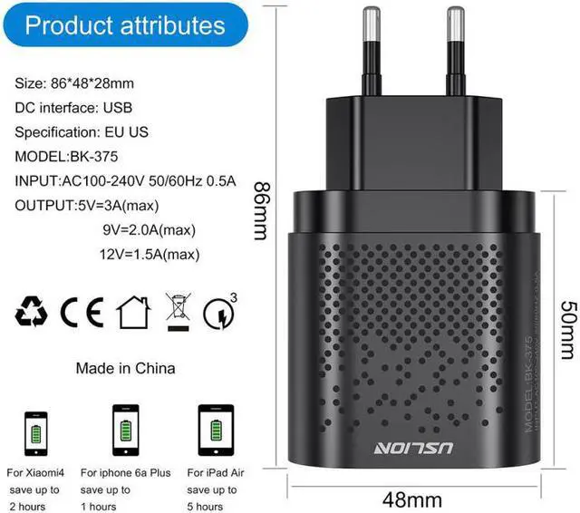 Alt view image 3 of 5 - Charge Adapter 3.0 EU/US Plug USB Charger portable travel charger For Mobile Phone travel Wall Charger  anchor CE