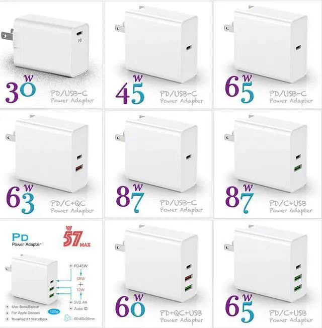 Alt view image 3 of 5 - 30W 45W 60W 65W 87W Type-C PD Fast Travel Charger USB C Power Adapter For MacBook Pro 13 15 16 / Air iPhone 11 8 Samsung