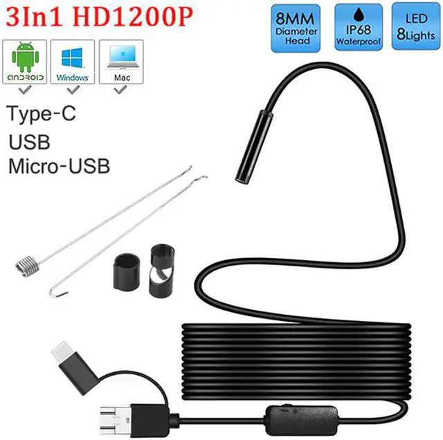 Alt view image 6 of 7 - 8mm lens Camera Endoscope HD 1200P IP68 2M Hard Flexible Tube Mirco USB Type-C Borescope Video Inspection for Android Endoscope