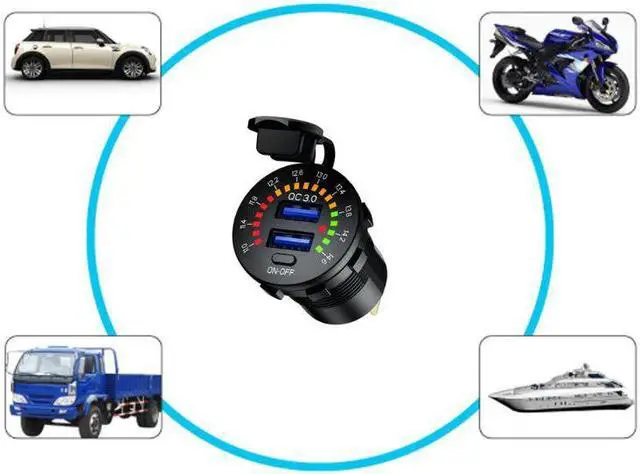 Alt view image 4 of 5 - 12V 24V Quick Charge 3.0 Dual USB Car Charger Waterproof 18W USB Outlet Fast Charge with LED Voltmeter ON OFF Switc