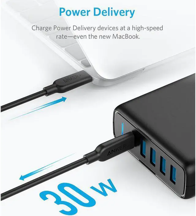Alt view image 2 of 5 - USB C Premium 60W 5-Port Desktop Charger with One 30W Port for Apple MacBook Nexus 5X/6P 4 PowerIQ Ports for iPhone iPad