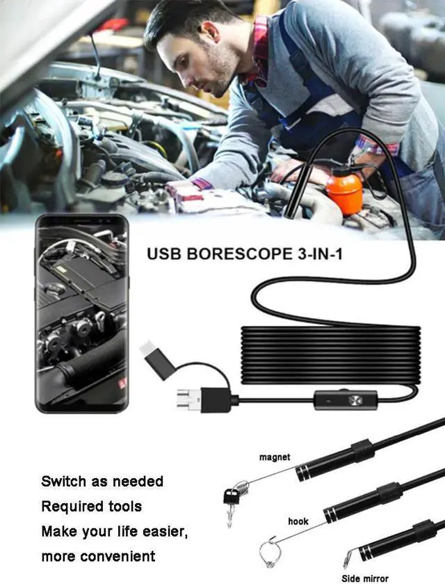 Alt view image 2 of 5 - 7mm 3 in 1 Mini Endoscope Camera,  6 LED Waterproof Borescope Inspection Cameras USB Endoscope Camcorders for Android Smartphone