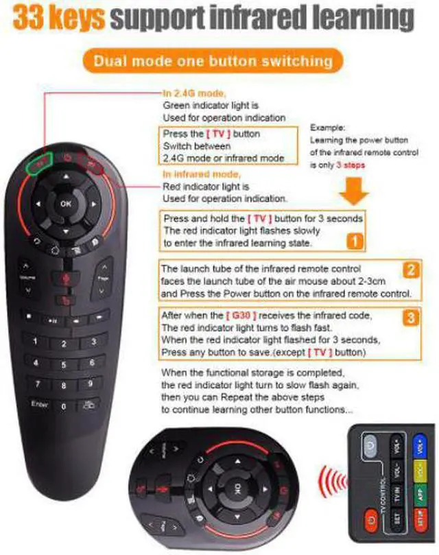 Alt view image 3 of 3 - 1m G30 voice air mouse Remote control 2.4G wifi with 33 buttons ir learning function and Gyroscope