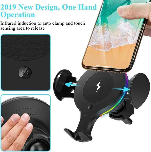 Alt view image 2 of 5 - 10W QI Wireless Car Charger RGB Light Automatic Clamping Fast Charging Phone Holder Mount in Car for iPhone XS 8