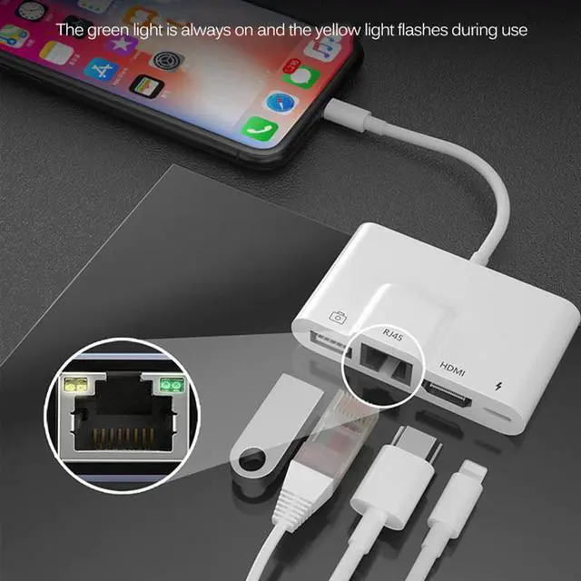 Alt view image 2 of 5 - For iPhone Multi Adapter Lightning Internet+ On-screen+USB+Charging AllIn1 Docking Station Rj45 Connector Living HINI