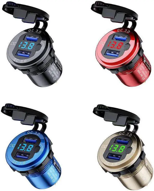 Main image of 12V 24V 18W Aluminum Waterproof Dual QC3.0 USB Fast Charger Power Outlet with LED Voltmeter Switch for Car Marine Truck