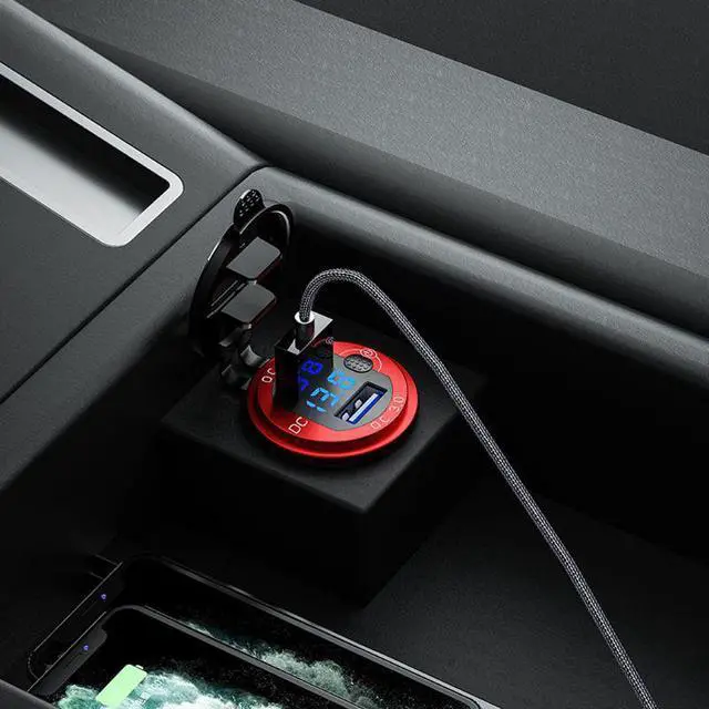 Alt view image 2 of 5 - 12V 24V 18W Aluminum Waterproof Dual QC3.0 USB Fast Charger Power Outlet with LED Voltmeter Switch for Car Marine Truck