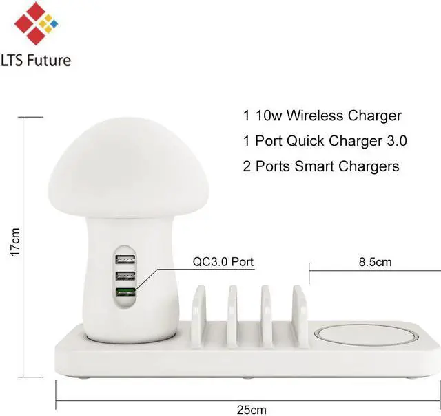 Alt view image 3 of 5 - Ports USB Charger Station Desktop QC 3.0 Quick Charging Dock Tablet Mobile Phone Charger Stand 10W Wireless Charger Pad