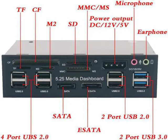 Alt view image 3 of 5 - Multifuntion 5.25inch Media Dashboard Card Reader USB 2.0 USB 3.0 20 pin e-SATA SATA Front Panel for Optical Drives Bay