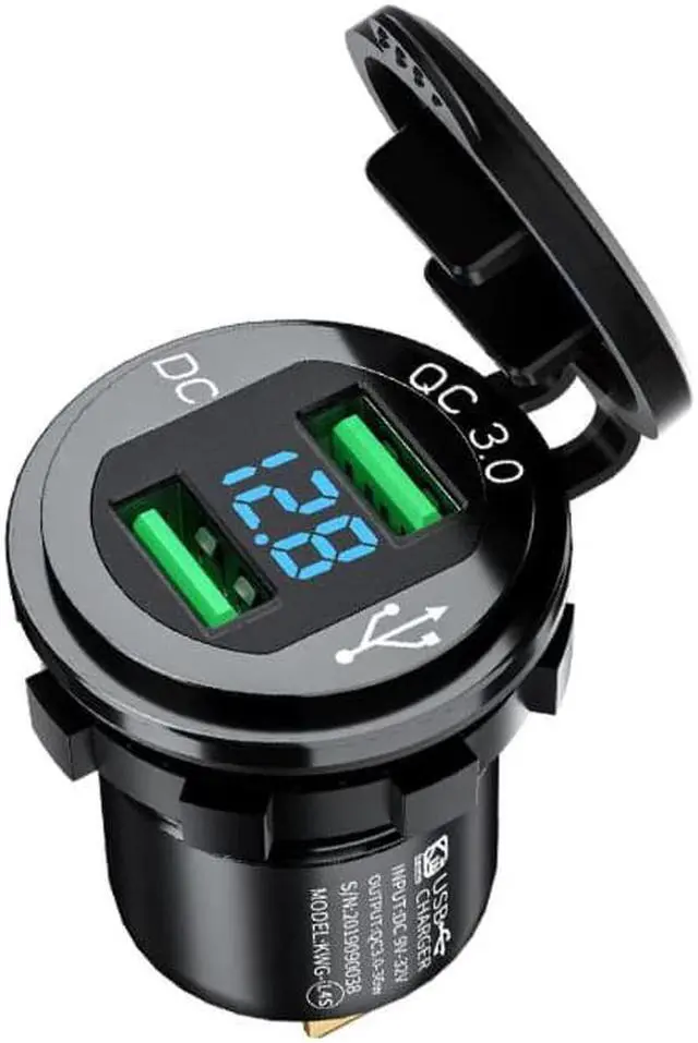 Alt view image 4 of 5 - 12V/24V 18W Waterproof Dual QC3.0 USB Fast Charger Socket Power Outlet with LED Digital Voltmeter for Car Marine Boat Truck