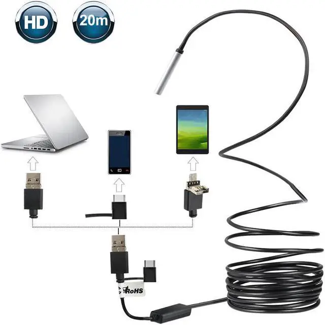 Alt view image 4 of 5 - 3-in-1 USB2.0 Micro USB Type-C Endoscope Inspection Borescope Camera with 20M Cable IP67 Waterproof