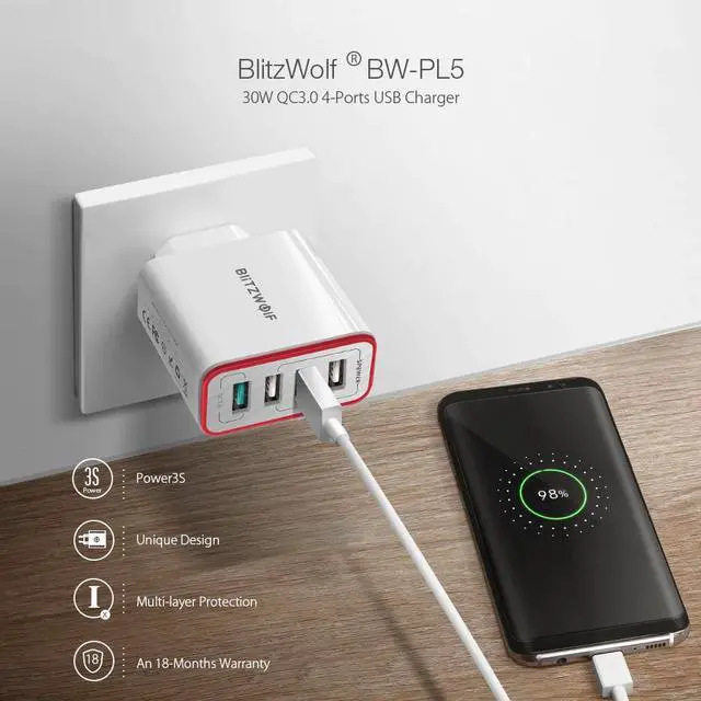 Alt view image 2 of 5 - 4 Ports QC3.0 Quick Charge EU Plug LED Light 30W 2.4A USB Travel Wall Charger Power3S For iPhone Android For N-Swich