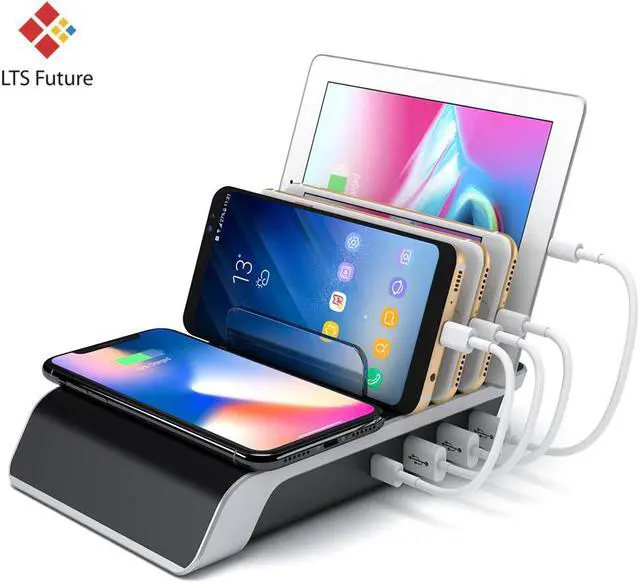 Alt view image 2 of 5 - Ports USB Charger Station Desktop QC 3.0 Quick Charging Dock Tablet Mobile Phone Charger Stand 10W Wireless Charger Pad