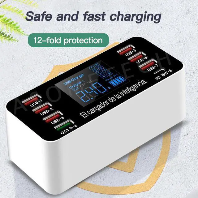 Alt view image 4 of 5 - 60W USB Socket Charger PD3.0 QC3.0 Fast Charge Desktop Adapter 8 Port Smart LED USB Charge Station For EU US UK Plug