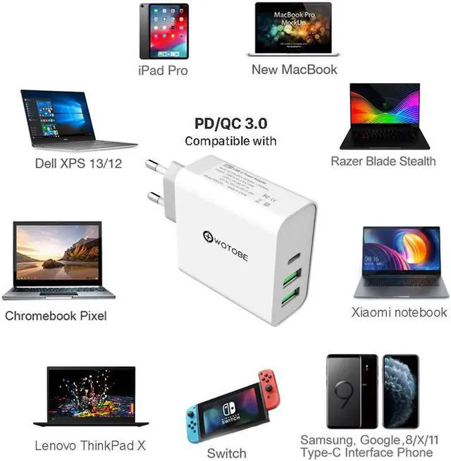 Alt view image 4 of 5 - 65W TYPE-C USB-C Power Adapter,1Port PD60W QC3.0 Charger For USB-C Laptops MacBook Pro/Air iPad Pro,2port USB for S8/S10 iPhone