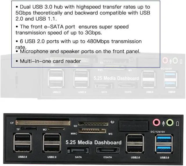 Main image of USB 3.0 Hub eSATA SATA Port Internal Card Reader PC Dashboard Media Front Panel Audio
