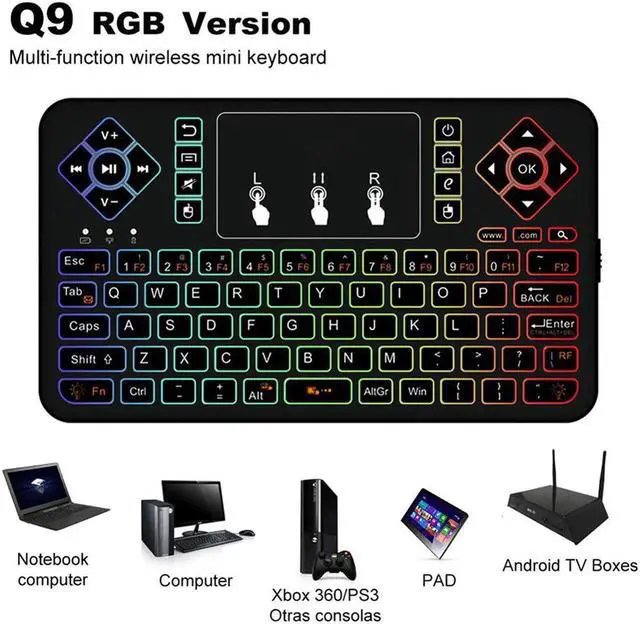 Main image of Mini Colorful Bluetooth Wireless Keyboard Cool Backlit with Touchpad Q9 Air Mouse Remote Control For Android TV Box Tablet