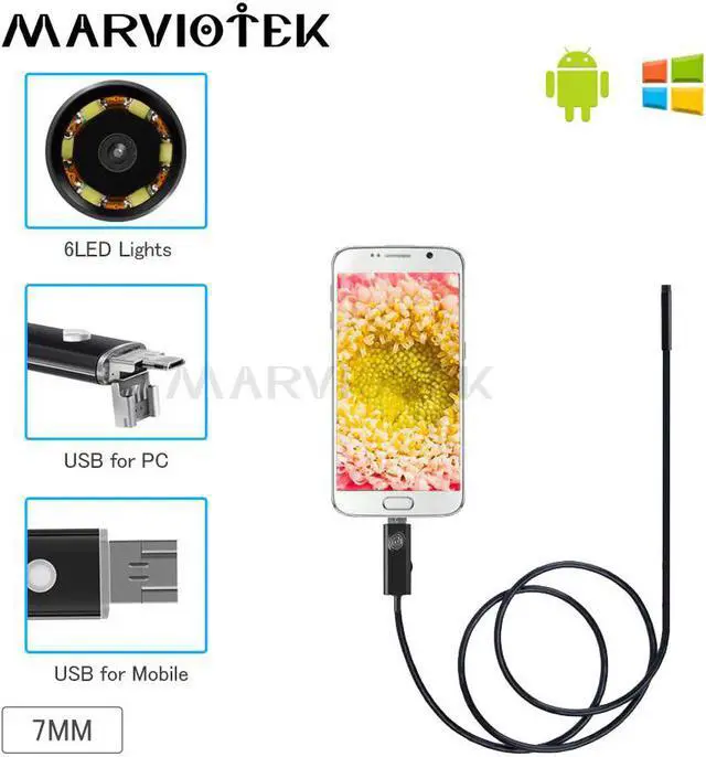 Main image of 2 in 1 USB Android Endoscope Waterproof 6 LED Borescope Inspection Camera Endoscope For Android PC 1M 2M 7mm Endoscope Camera HD