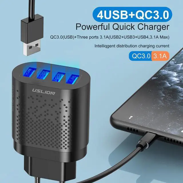 Alt view image 4 of 5 - EU/US Plug USB Charger 3A Quik Charge 3.0 Mobile Phone Charger QC3.0 4 Port 48W Fast Wall Chargers for IOS Android