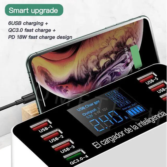 Alt view image 2 of 5 - 60W USB Socket Charger PD3.0 QC3.0 Fast Charge Desktop Adapter 8 Port Smart LED USB Charge Station For EU US UK Plug