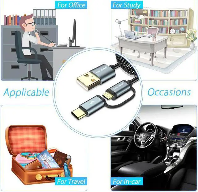 Alt view image 4 of 5 - Usb Type C Spring Coiled Cable 2 In 1 Micro Usb Extension Cable Car Charger Cable Cabel For   Android Mobile Phones