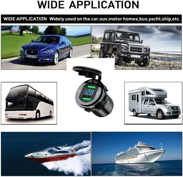 Alt view image 3 of 5 - 12V/24V 18W Waterproof Dual QC3.0 USB Fast Charger Socket Power Outlet with LED Digital Voltmeter for Car Marine Boat Truck