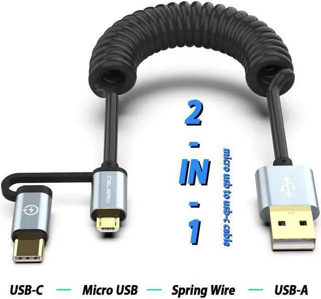Alt view image 3 of 5 - Usb Type C Spring Coiled Cable 2 In 1 Micro Usb Extension Cable Car Charger Cable Cabel For   Android Mobile Phones