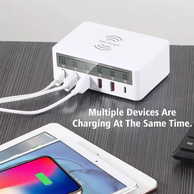 Alt view image 4 of 5 - Type C Qi Wireless Charger 5 USB QC 3.0 Fast Charger With LCD Voltage Current Display For Phone Tablet PC