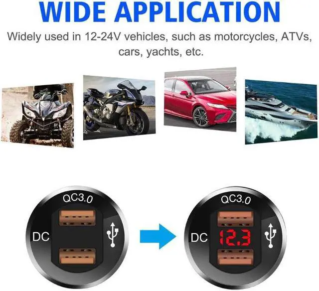 Alt view image 5 of 5 - 12V/24V Metal Waterproof Dual QC3.0 USB Fast Car Charger Power Outlet Voltmeter