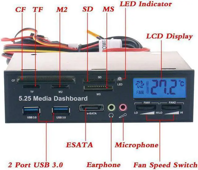 Alt view image 2 of 5 - Media Panel 5.25 inch Computer Front Dashboard with SATA/eSATA, USB 2.0/USB 3.0, Microphone/Headphone Audi