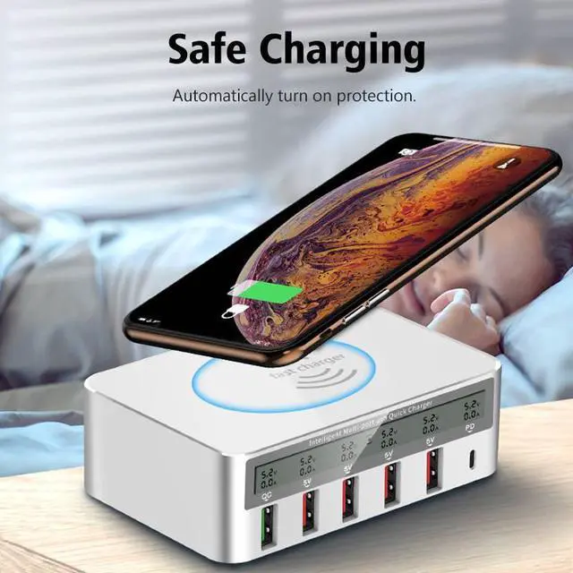 Alt view image 5 of 5 - Type C Qi Wireless Charger 5 USB QC 3.0 Fast Charger With LCD Voltage Current Display For Phone Tablet PC