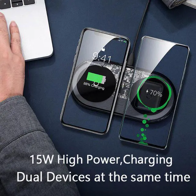 Alt view image 2 of 5 - 15W Dual Wireless Charger for iPhone 11 Pro Max X XS Max XR Visible Wireless Charging Pad for  Galaxy S20 Note 10