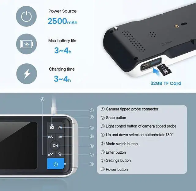 Alt view image 4 of 5 - Otoscope 3.9mm Lens Ear Inspection Camera 4.5 inch IPS Color Screen with 6 LED IP67 720P HD CMOS Sensor for Ear Nose