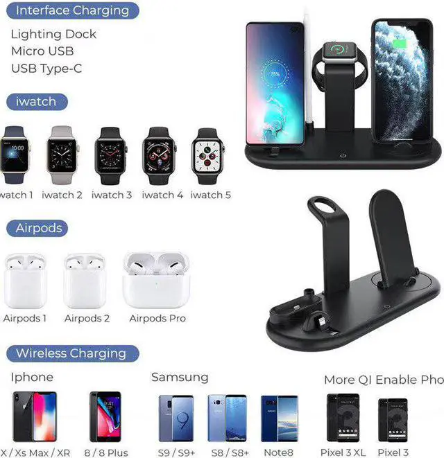 Alt view image 3 of 5 - 7 In 1 Wireless Charging Stand For  Watch 5 4 3 2 1 IPhone 11 X XS XR 8  Pro 10W Qi Fast Charger Dock Station
