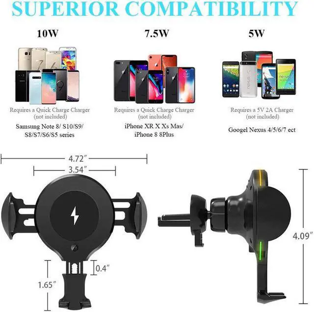 Alt view image 5 of 5 - 10W QI Wireless Car Charger RGB Light Automatic Clamping Fast Charging Phone Holder Mount in Car for iPhone XS 8