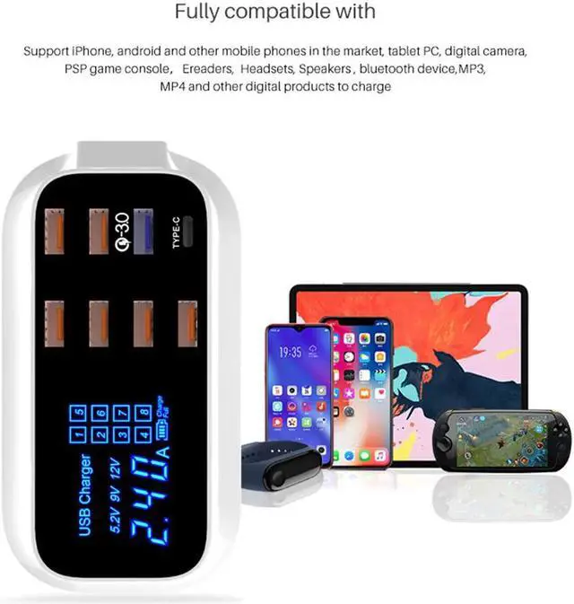 Alt view image 5 of 5 - 8 Ports QC3.0 Type C USB Charger For Android iPhone Adapter Phone Tablet Digital Display Fast Charger For xiaomi huawei samsung