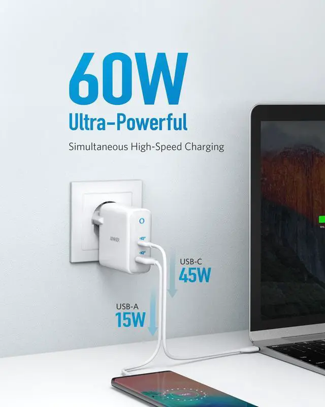 Alt view image 5 of 5 - USB C Charger,  60W PIQ 3.0 & GaN Tech Dual Port Charger, PowerPort Atom III (2 Ports) Travel Charger with a 45W USB C Port