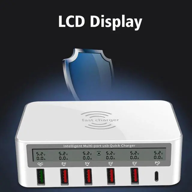 Alt view image 2 of 5 - Type C Qi Wireless Charger 5 USB QC 3.0 Fast Charger With LCD Voltage Current Display For Phone Tablet PC