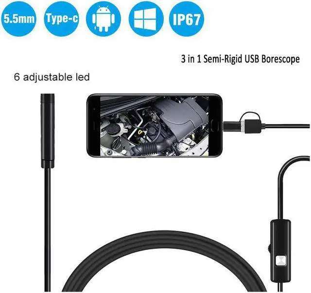 Main image of 3 in 1 Semi-Rigid Android Endoscope Camera 5.5mm Inspection Camera IP67 Waterproof Snake Camera With 6 LEDs For Type C, USB PC