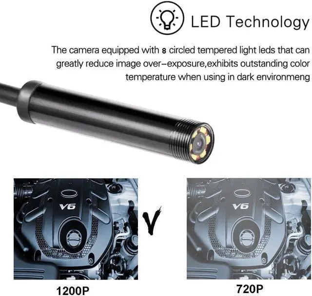 Alt view image 2 of 5 - Endoscope Camera Mini Waterproof Inspection Camera Adjustable 8 LEDS 1200P HD 8mm IOS And Android USB Endoscope Borescope
