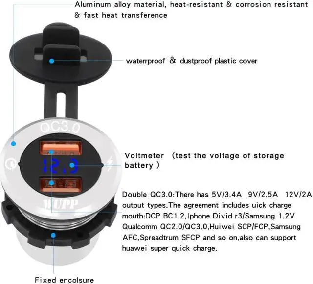 Alt view image 3 of 5 - 12V/24V Aluminum Waterproof Dual QC 3.0 USB Fast Charger Socket Power Adapter With Voltmeter for Car Marine Boat Motorcycle Truc