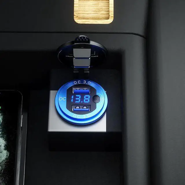 Alt view image 4 of 5 - 12V 24V 18W Aluminum Waterproof Dual QC3.0 USB Fast Charger Power Outlet with LED Voltmeter Switch for Car Marine Truck