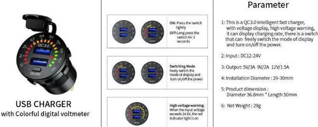 Alt view image 3 of 5 - 12V 24V Quick Charge 3.0 Dual USB Car Charger Waterproof 18W USB Outlet Fast Charge with LED Voltmeter ON OFF Switc