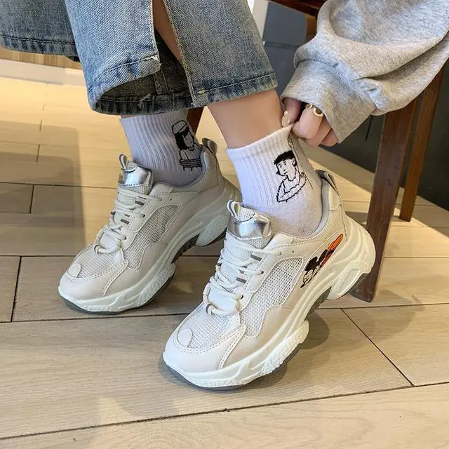 Alt view image 4 of 5 - Mouse Harajuku Breathable White Shoes Flat Heel Casual Sports Shoes Wild Thick Bottom Increase Daddy Shoes Female Z512