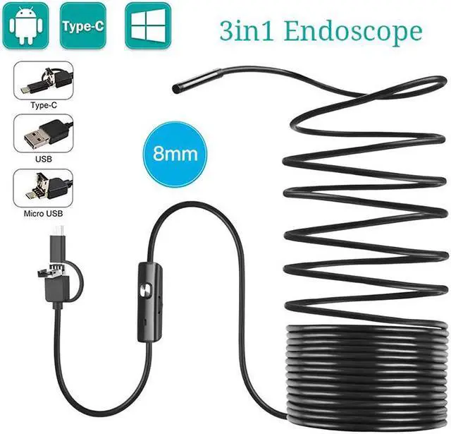 Main image of 3 in 1 Endoscope Camera 8mm Ultra Thin Waterproof Inspection Snake Camera Hard Cable for PC Android Phone Endoscope Pipe
